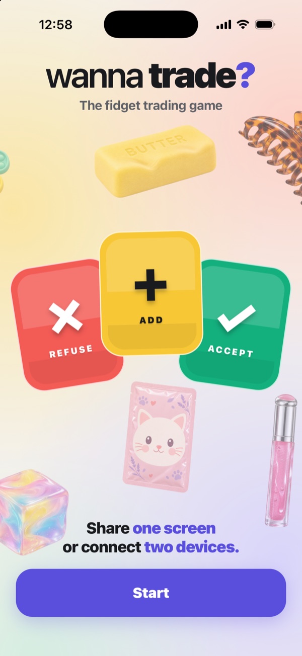 The Wanna Trade? home screen with the Refuse, Add and Accept cards and floating fidgets